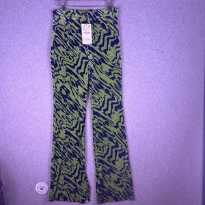 Zara Pants Women M Green Navy Velvet Retro Zebra Print High Rise Split Hem Flare - Picture 1 of 13