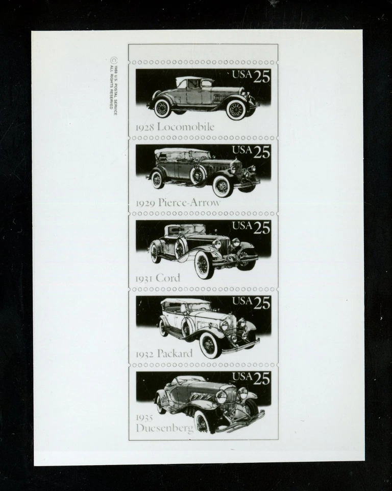 US Stamp FDC Publicity Photo Essay #2381-85 25c Antique Cars Autos 1988 - Image 1 of 1