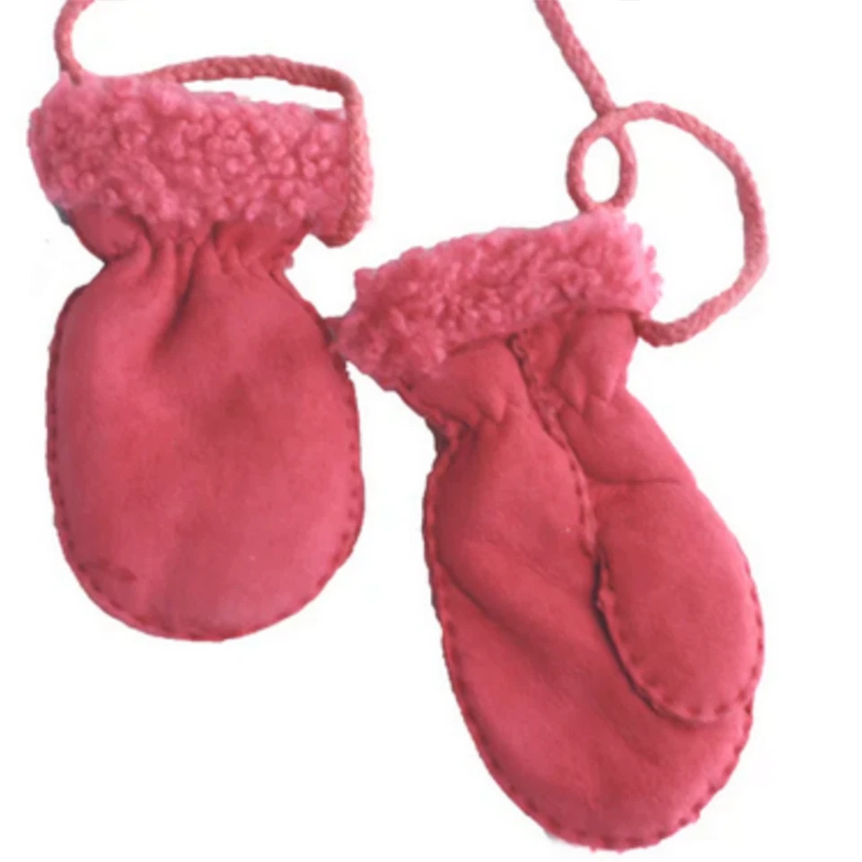 Childrens Pink Sheepskin Mittens With String - Image 1 of 1