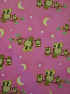 OWLS TREE MOON STARS PINK YELLOW FLANNEL FABRIC FQ - Picture 1 of 5