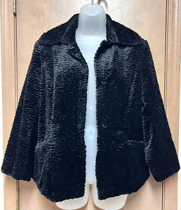 Vintage Norm Thompson Faux Fur Coat Womens Black Satin Lining Petite Small - Picture 1 of 6