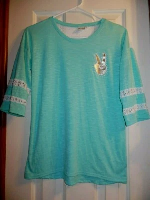 Mudd Girls Jersey Sz 16  Green Peace Sign 3/4 Sleeve Casual Shirt w" lace - Image 1 of 3
