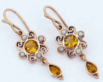 E123 Lovely Genuine 9ct Rose Gold NATURAL Citrine & Pearl Drop Earrings Scroll - Image 1 of 4