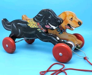 Schylling Wooden Pull Toy Dogs Black Lab Golden Retriever Racing Wheels DMG - Picture 1 of 19