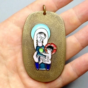 Saint Virgin Mary. By Elie Pellegrin. Antique Religious Large Enamel Pendant. - Picture 1 of 7