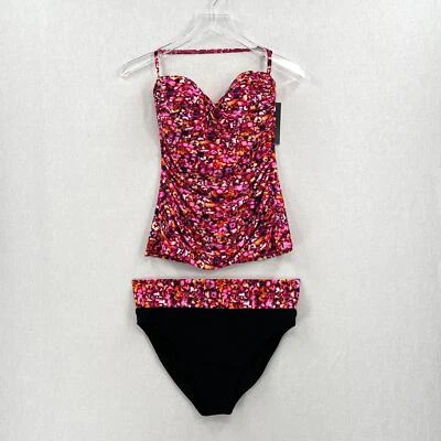 PROFILE Ruched Print Halter Tankini Swimsuit Women 10 Pink Black Convertible NEW - Image 1 of 4