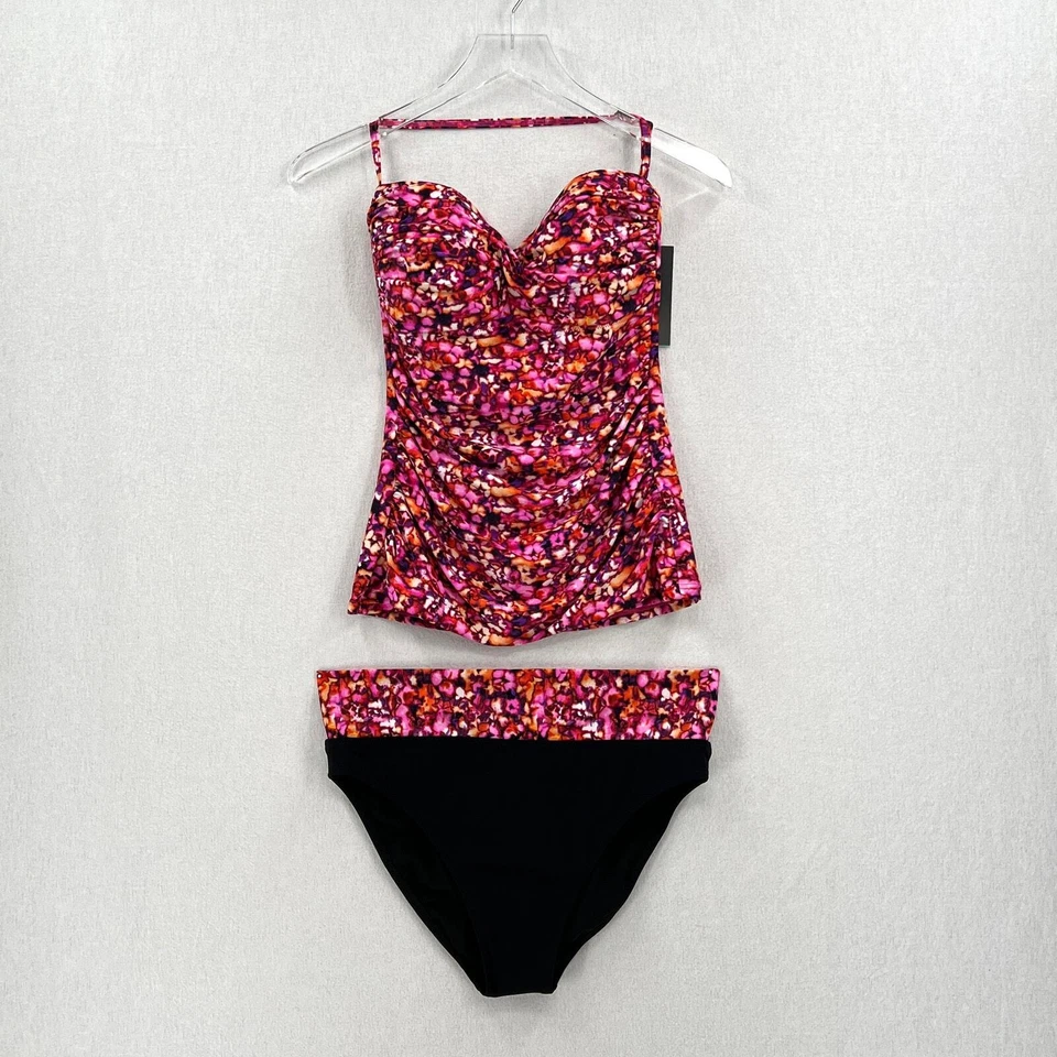 PROFILE Ruched Print Halter Tankini Swimsuit Women 10 Pink Black Convertible NEW - Image 1 of 4