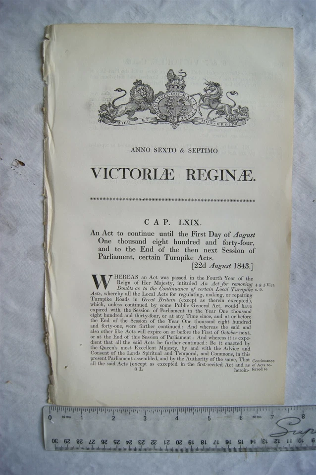 1843 Act of Parliament: continue certain Turnpike Acts - Image 1 of 1