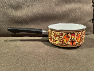 Vintage Fancipans Enamelware 6” Sauce Pan MCM Orange Birds Floral Paisley - Image 1 of 4