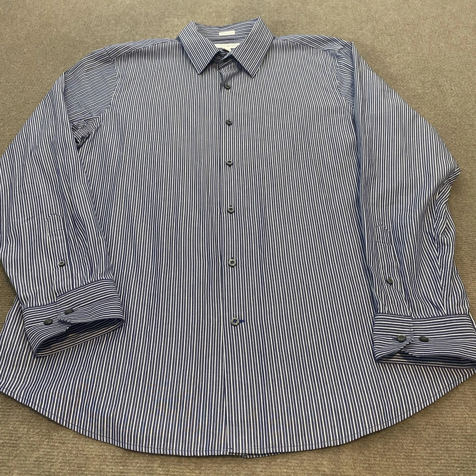 Camisa masculina Banana Republic XL azul branca listrada com botão ajustado Itália algodão - Imagem 1 de 4