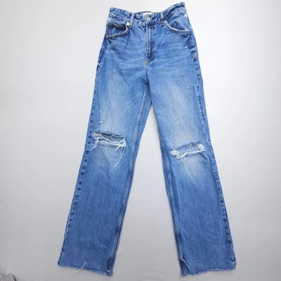 Zara High Rise Straight Jeans Size 4 Blue Raw Hem Baggy Boho Skater Distressed - Image 1 of 4