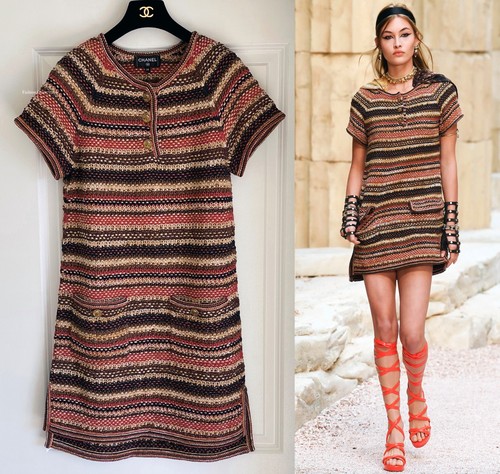 ABITO CHANEL 18C PARIS GRECIA ARANCIONE BRUCIATO NERO MARRONE MAGLIA MANICA CORTA 38