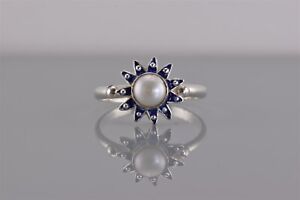 Sterling Silver Blue Enamel Pearl Accented Sun Burst Bead Band Ring 925 Sz: 7.5