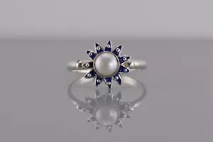 Anillo de cuentas de ráfaga solar acentuado con perla esmalte azul perla talla 925 - Imagen 1 de 7