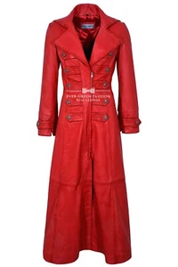 Women's Long Gothic Red Leather Coat Slim Fit Victorian Trench Style Jacket - Picture 1 of 7
