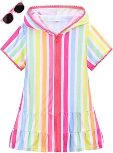 Girls Swim Cover up Kids Swimsuit Coverup Terry Zip-Up Beach Bathing Suit Wraps - Picture 1 of 24