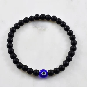 Evil Eye Black Agate Stone Bead Greek Turkish Stretch Elastic Mens Bracelet - Bild 1 von 3