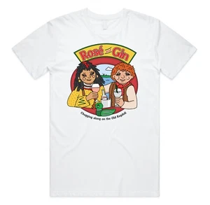 Rosé and Gin T-shirt Graphic Tee Funny 90's TV Show Rosie and Jim Boat Wine - Picture 1 of 5