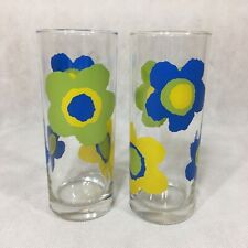 Lot of 2 Ocean Thailand Glasses 6-5/8" Yellow Blue Green Flowers Clear Floral