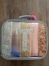 Justice for Girls Lunch Box Bag Tote Initial T letter Silver Glitter Stripe NWT