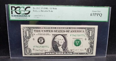 1988A Web Press $1 Federal Reserve Note Fr.1917 F PCGS 63PPQ Choice New  - Image 1 of 3