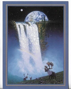 NOS LEANIN' TREE Christmas Card 5.5x7.25 Moose Below Frozen Waterfall & Moon - Picture 1 of 3