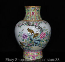 11.4" Qing Qianlong Pastel Porcelain Pattern Quail Flower Bird Appreciation Vase