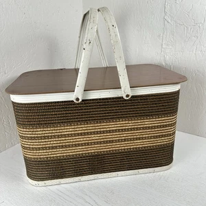 Redmon Striped Large Picnic Basket Brown Wood Wicker White Metal Folding Handles - Picture 1 of 11