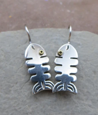 Vintage 925 Sterling Silver Segment Fish Bones Wire Hook Earrings #1180 - Image 1 of 4