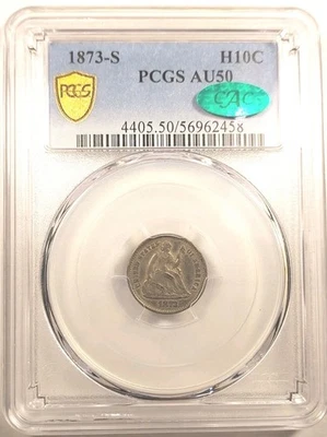 Pop 1 Of 2 CAC Stickered 1873-S AU50 - Liberty Seated Half Dime PCGS Graded - Image 1 of 4
