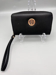 Black Faux Leather Zip Around Wallet Leopard Interior Pocket Gold Toned - Picture 1 of 18