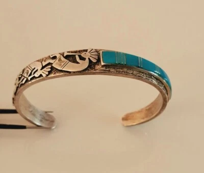 STERLING SILVER BRACELET  KOKOPELLI TURQUOISE BRACELET  - Image 1 of 4