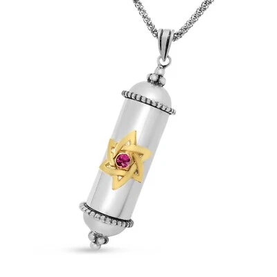 925 Sterling Silver Yellow Gold And Ruby Necklace Star Of David Mezuzah Pendant - Image 1 of 4