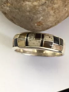 Navajo Sterling Silver Onyx & Coffee Tiger's Eye & Jasper Inlay Ring Sz 14 01709 - Picture 1 of 12