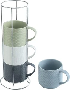 Porcelain Coffee Cups Set of 4 with Metal Stand 15 Ounce Microwave Safe Mugs - Picture 1 of 6