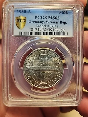 1930 A GERMANY 3 MARK WEIMAR REP. ZEPPELIN J-342 PCGS MS62 GOLD SHIELD - Image 1 of 3