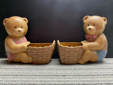 2 Piece Vintage Burwood Boy & Girl Bear with Basket Wall Pocket Planters #2947 Cover