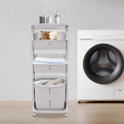 Plastic Laundry Hamper Basket Clothes Storage Organizer Shelf Rolling Cart - Image 1 of 4