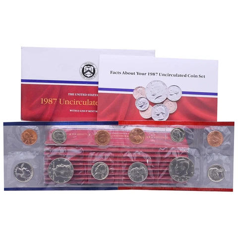 1987 Mint Set 10 Pack Original Envelopes & COA BU 100 Coin Lot Cover
