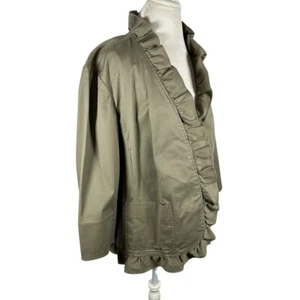 Talbots Olive Green Jacket Ruffle Trim Front Pockets Boho Romantic Size 20W - Picture 1 of 8