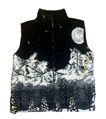 Vintage Black Mountain Fleece Vest Mens XL Black White Wolves Stars Night Sky - Image 1 of 4