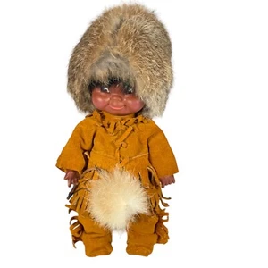 Vintage Regal Canada Eskimo Indigenous Inuit Doll 16” Fur Fringe Suede Outfit - Picture 1 of 8