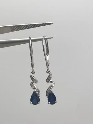 10K White Gold Natural Sapphire and Diamond Leverback Earrings NEW - Image 1 of 4