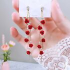 Red Rose Stud Earrings Long Tassel Drop Dangle Women Wedding Party Jewelry Gift