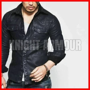 Mens 100% Genuine Soft Lambskin Leather Shirt Stylish Slim Fit Buttoned Jacket - Picture 1 of 4