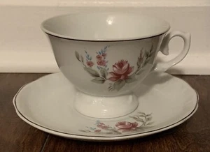 Vintage 1985 FTDA Teacup & Saucer Pink & Blue Florals Brazil Made for FTD - Picture 1 of 6