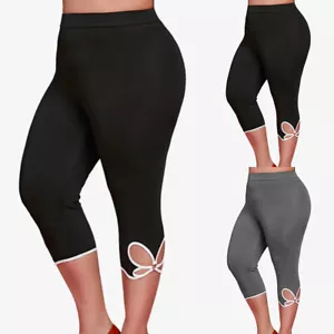 Womens Hollow Out Sport Gym 3/4 Pants Leggings Yoga Casual Cropped Trousers Plus - Picture 1 of 11