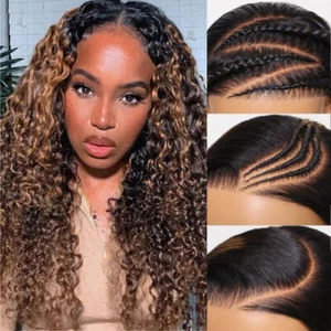 UNice Mongolian Ombre Brown Curly Bye Bye Knots Precut Lace Front Wig Human Hair - Picture 1 of 15
