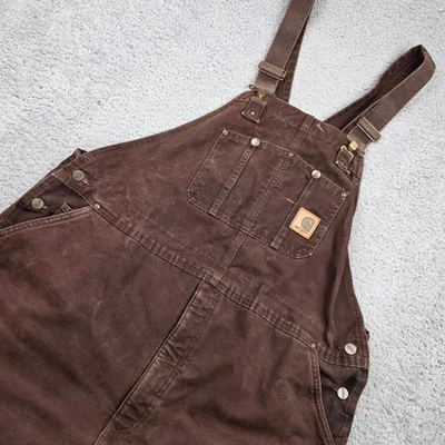 Carhartt Brown Insulated Duck Canvas Bib Overalls Quilted Zip Leg 46x30 R27 DKB - Image 1 of 4