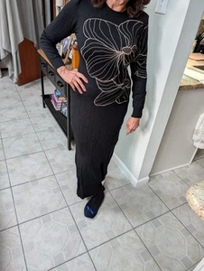 Sweater Dress Black With Gold Embroidery Size Medium - Picture 1 of 3